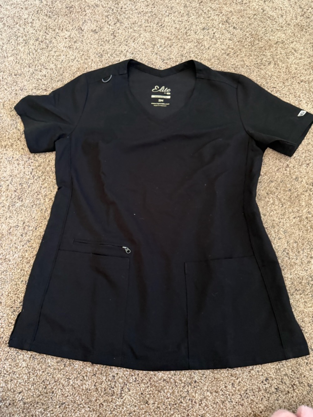 Women's Black V-Neck Short Sleeve Scrub Top with Zip Pocket